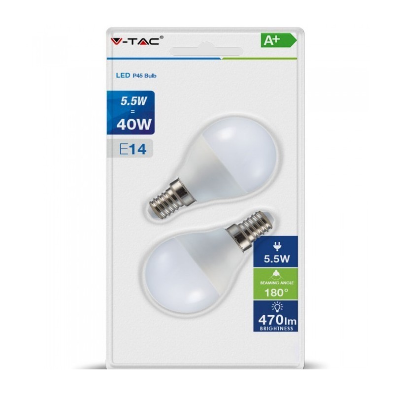 Lampadina led sfera 2pz 5.5w 40w calda 2700k e14 VT-2146 V-TAC