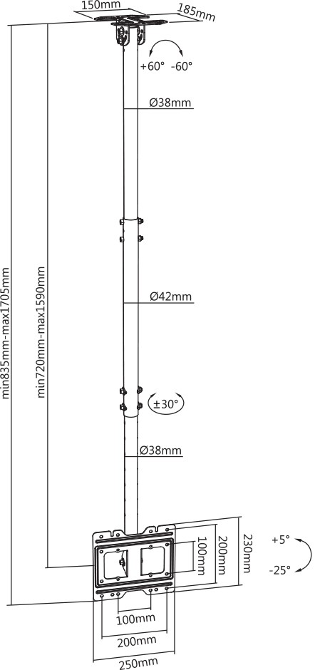 Supporto staffa regolabile da soffitto per schermi sino a 37"