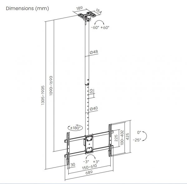 LCD50 Supporto staffa da soffitto per tv lcd led fino a 86" pollici