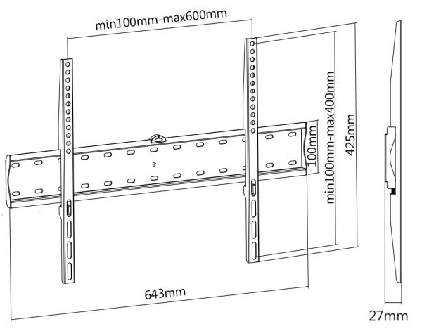 Supporto staffa universale fisso a parete per tv LCD LED fino a 47" e 40 kg.