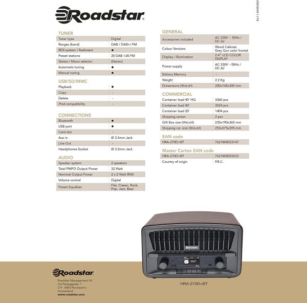 HRA270D+BT Radio da tavolo FM/DAB+ con BT, sveglia e USB player Roadstar HRA-270D+BT