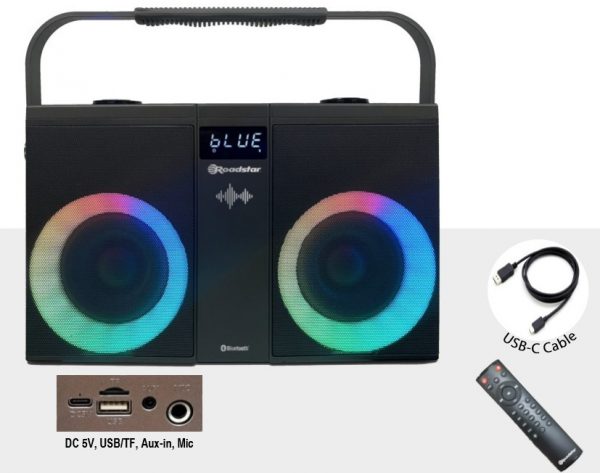 DJ-390BT Speaker stereo portatile BT con ingresso MIC telecomando e illuminazione Roadstar